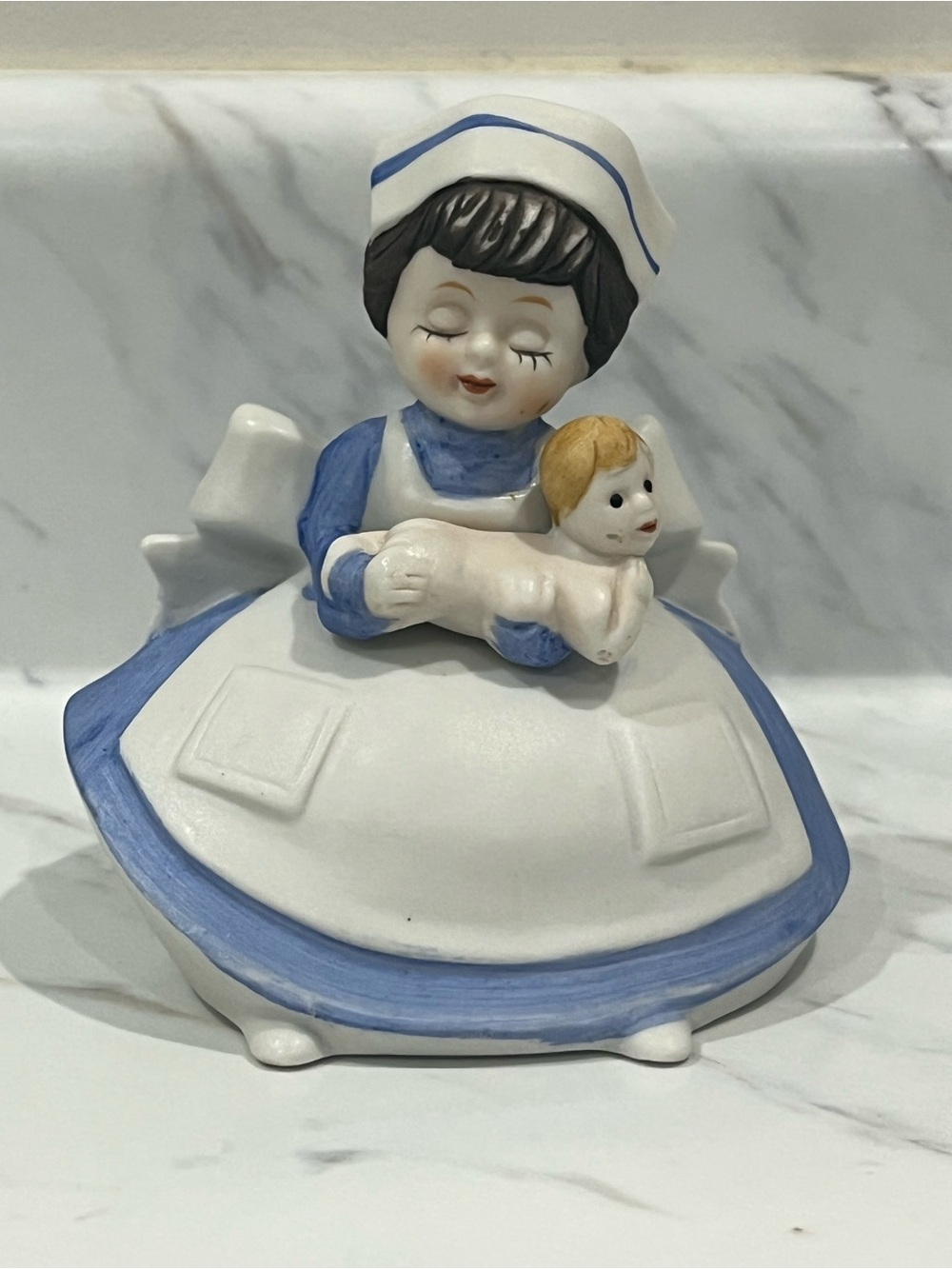 Vintage Ceramic Nurse Figurine in White and Powder Blue
